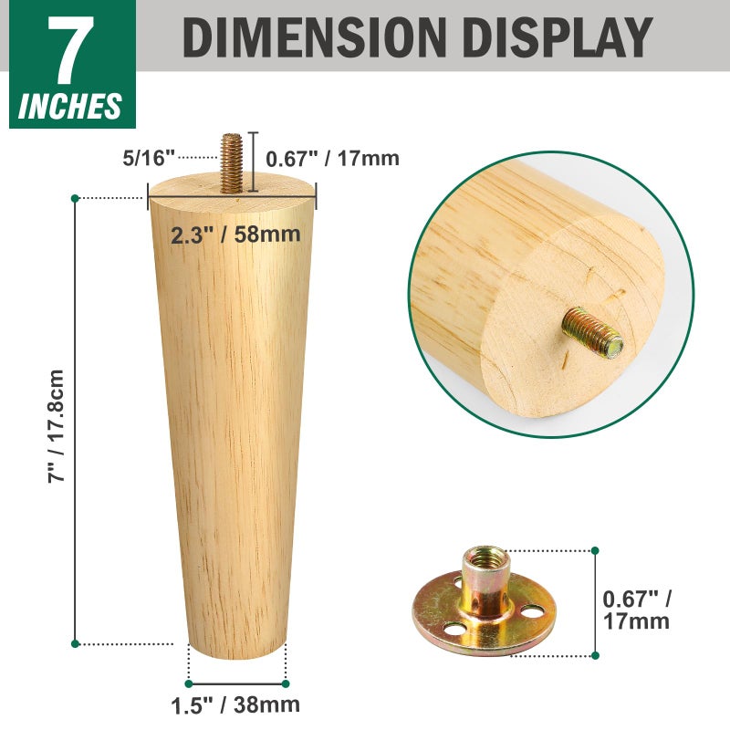 FoDau770 Rubber Wood Furniture Legs 7 Inches, Straight Tapered Wood Feet Mid Century Sofa Legs Set of 4, 5/16"" UNC Furniture Feet Replacement Parts for Cabinet Couch Dresser Chair Ottoman Table - Image 3